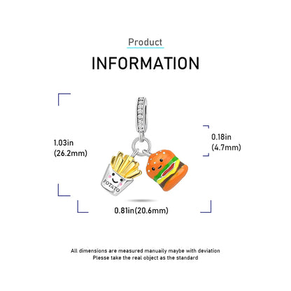 Charm Comida Divertida en Plata 925 – Café, Pastel, Frutas, Hamburguesa y Papas | Compatible Pandora 2025