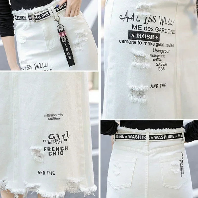 Falda Larga Mujer Denim Blanca | Estilo Coreano Oversize con Estampado Letras