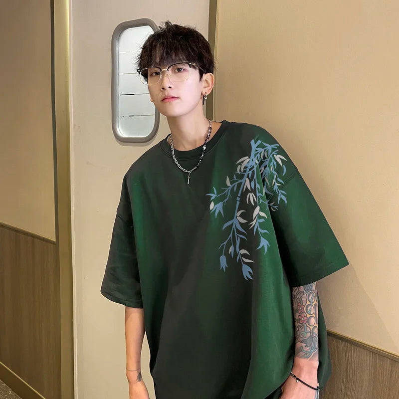 Camiseta Oversize de Algodón para Hombre | Estampado Bambú, Casual de Verano hasta 5XL