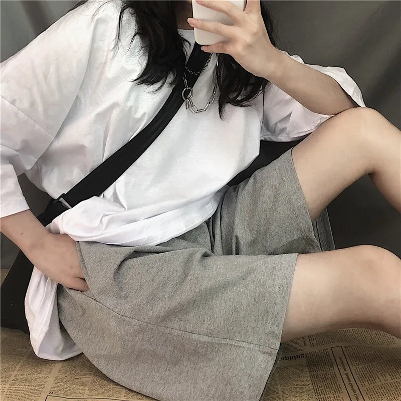 Short Negro Mujer Cintura Alta Elástica | Pantaloneta Oversize Pierna Ancha Y2K Verano Unisex