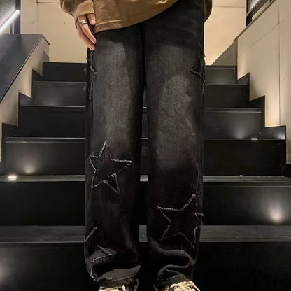 Jeans Hombre Bordado Estrella | Pantalones Rectos Anchos Hip Hop Streetwear Y2K Juvenil Unisex