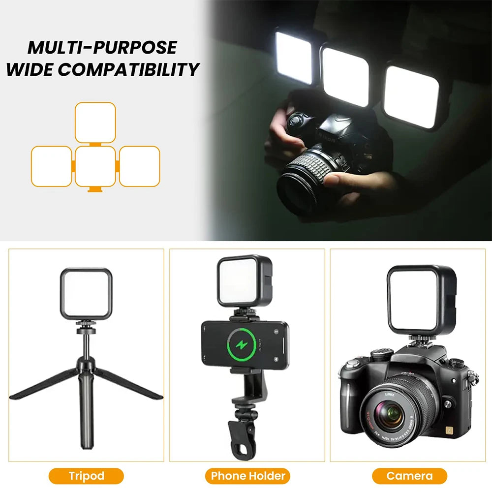 Mini luz LED RGB portátil – Luz de relleno para cámara, smartphone, GoPro y laptop, 2500K-7000K, recargable con 3 soportes Cold Shoe