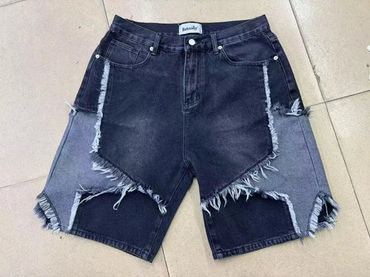 Shorts Jeans Baggy con Patchwork de Estrellas – Pantalones Denim Oversize Pierna Ancha Casual para Hombre