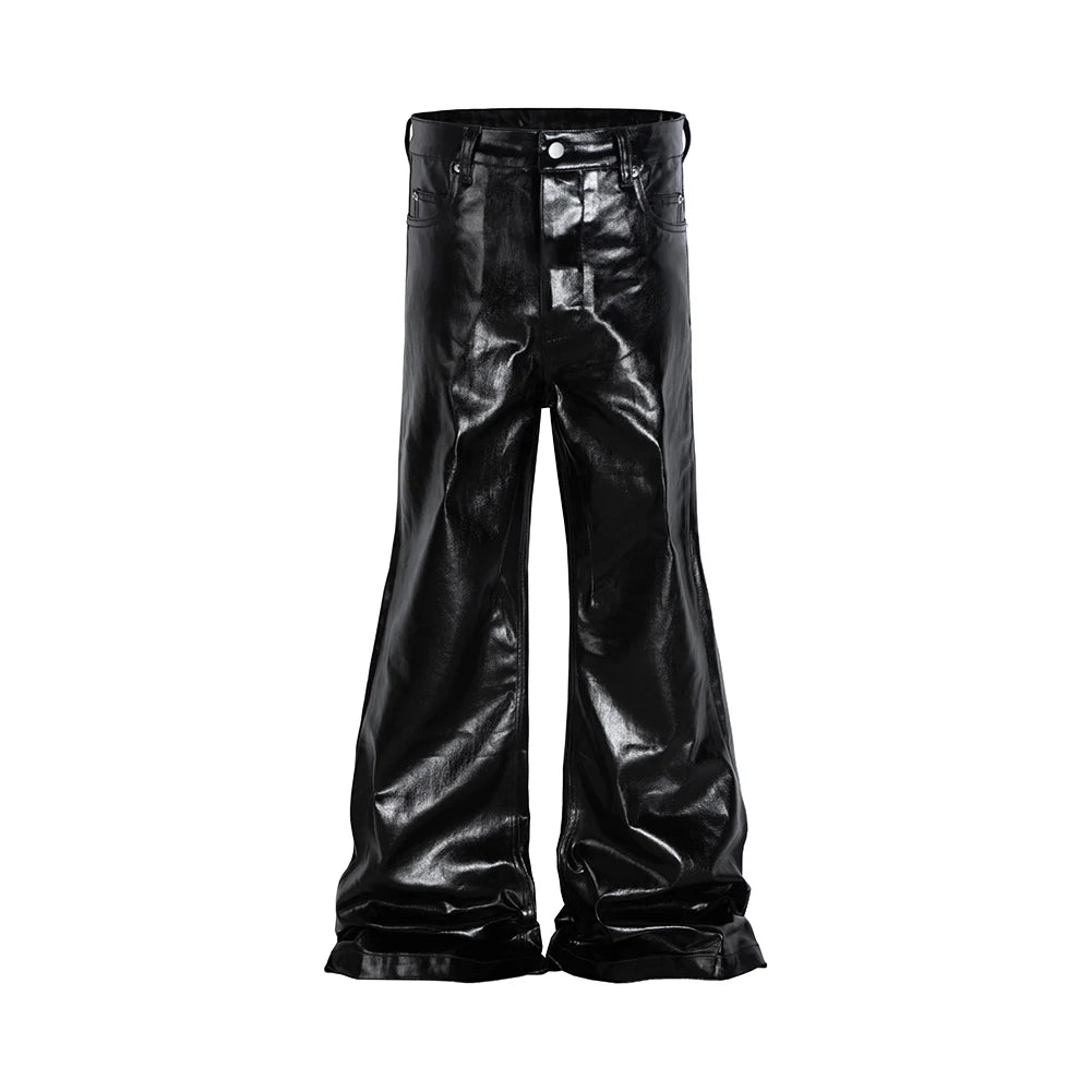 Pantalones Oversize PU Cuero Brillante Unisex | Wide Leg Rectos Acampanados Estilo High Street con Cinturón