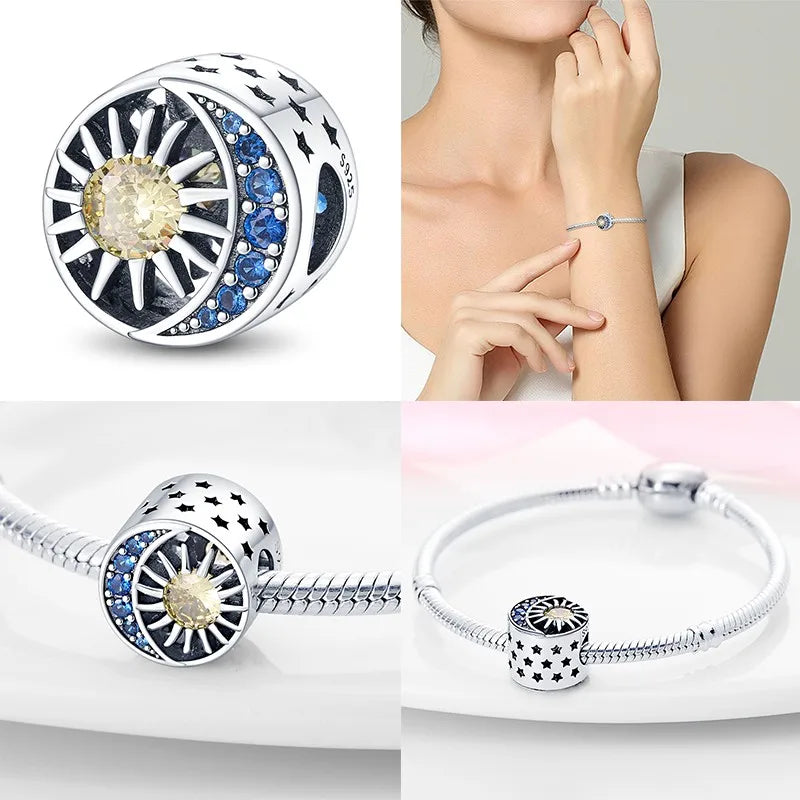Charm luna y estrellas luminoso plata 925 – Abalorio brillante para pulsera tipo Pandora mujer
