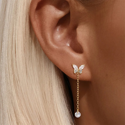 CANNER Aretes Mariposa con Borla Plata 925 | Baño Oro con Zirconia
