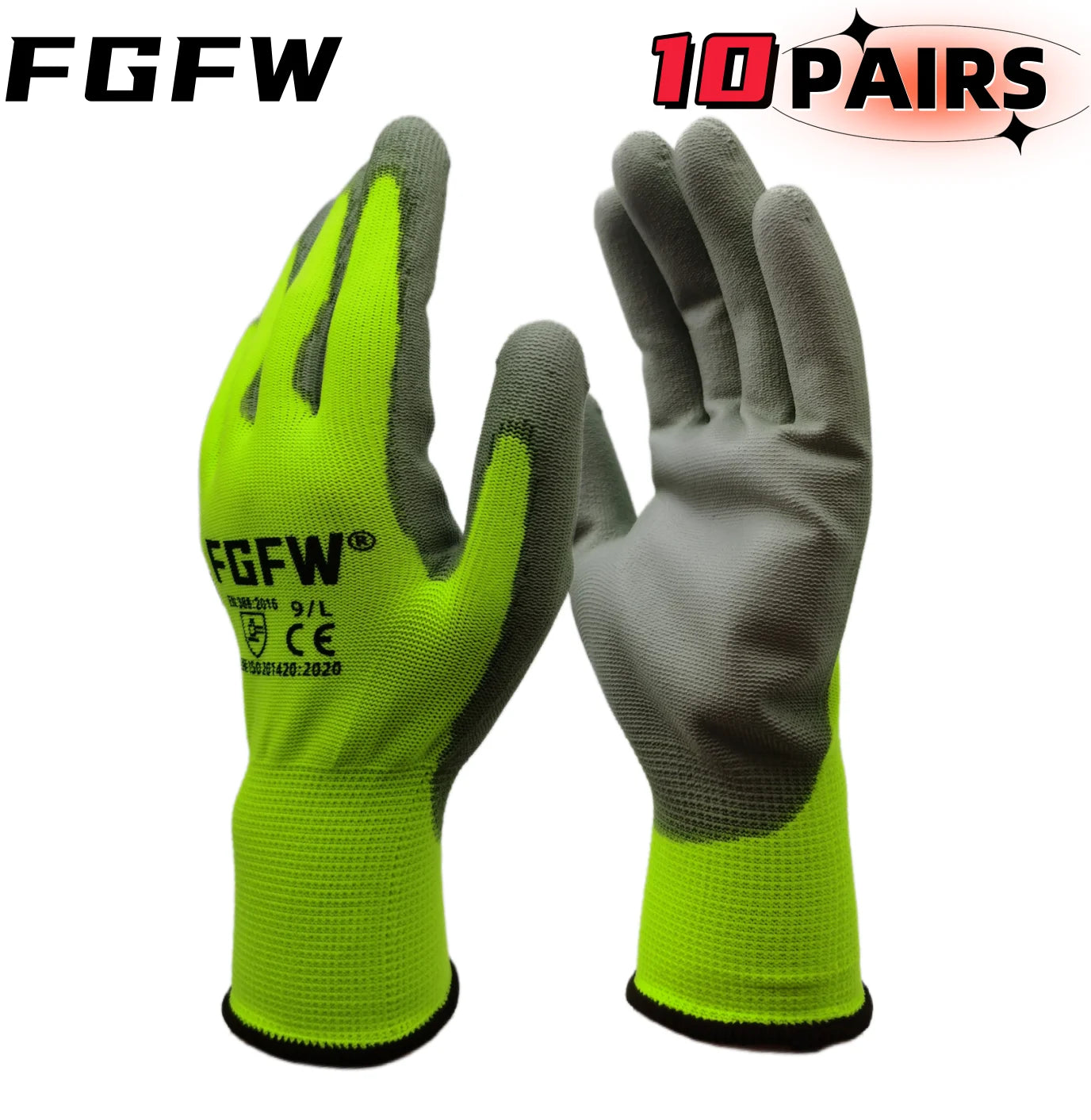 10 Pares Guantes de Trabajo PU 🧤 Antideslizantes, Resistentes y Ligeros – Guantes de Seguridad Certificados EN 388/ISO20471 (Tallas S/M/L/XL)