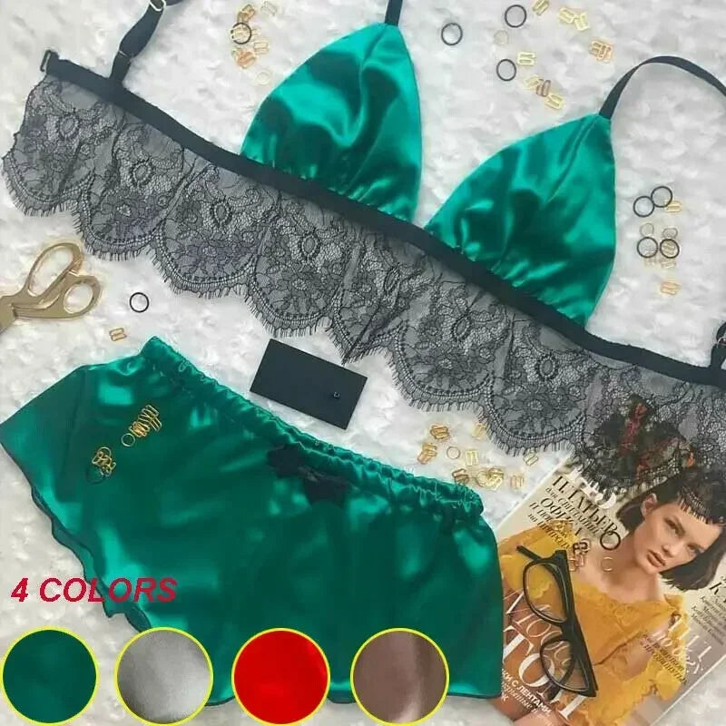 Conjunto Lencería Mujer 2025 | Bralette y Panty de Seda Satinada con Encaje