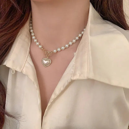 Collar Elegante de Perlas con Colgante de Corazón – Joyería Coreana de Lujo para Mujer, Regalo Sofisticado