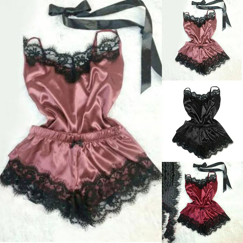 Pijama Sexy Mujer 3 Piezas | Satinado Seda Hielo Bata + Camisón + Lencería