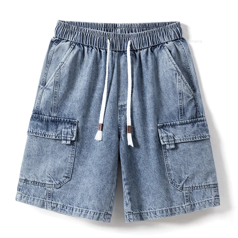 Shorts Vaqueros Hombre Oversize Verano | Pantalones Cortos Cargo Casual Estilo Coreano con Cintura Elástica Azul Gris