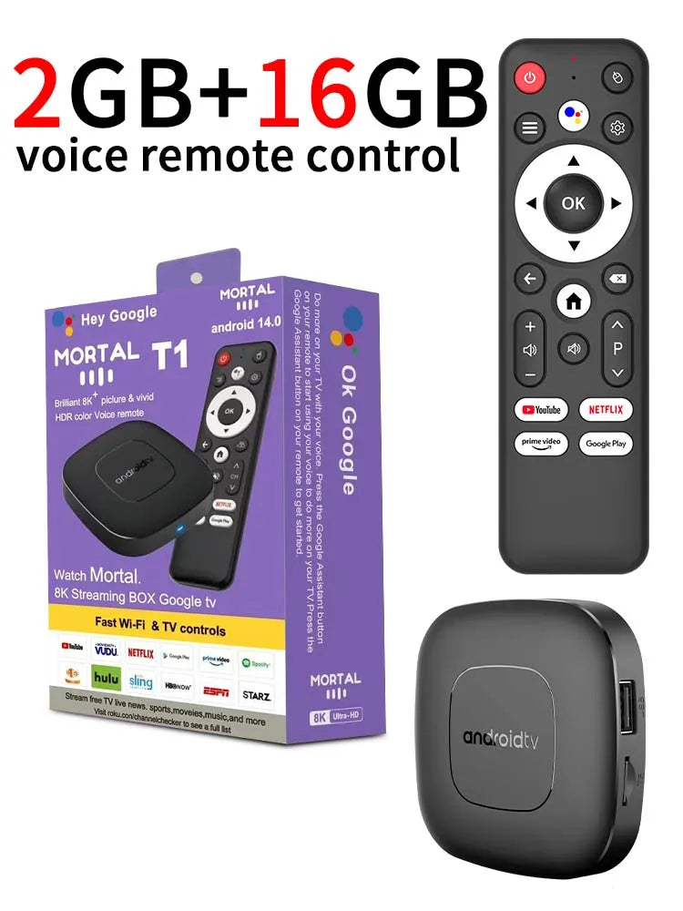 Mortal T1 Smart TV Box Android 14 WIFI6 4K HDR Bluetooth Home Theater con Control de Voz