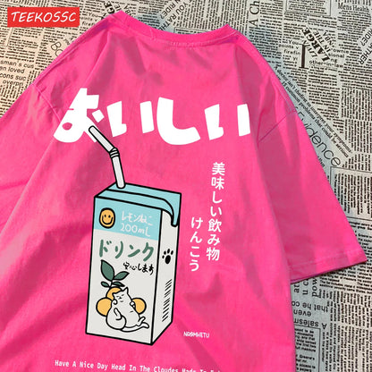 Camiseta Oversize Unisex Algodón | Estampado Japonés Gatito Harajuku Casual Verano