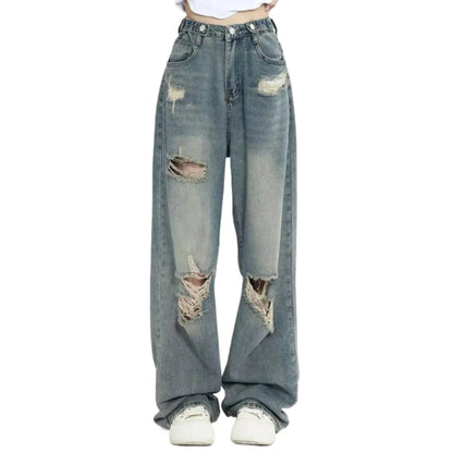 Jeans Vintage Y2K Mujer | Pantalón Vaquero Ancho de Tiro Alto con Rotos Streetwear