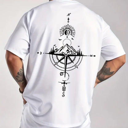 Camiseta Hombre Verano 100% Algodón | Casual Deportivo Oversized | Estampado Brújula Retro Manga Corta Cuello Redondo