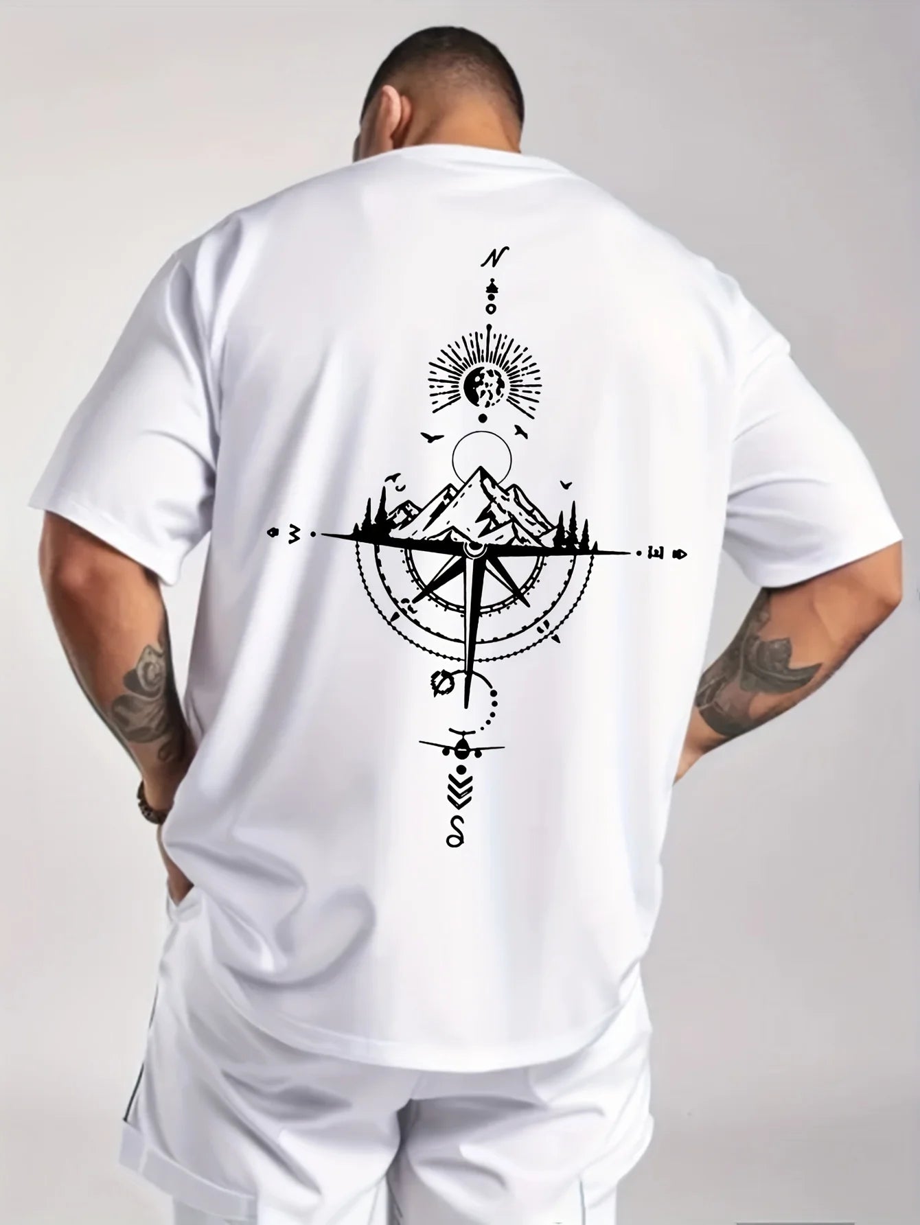 Camiseta Hombre Verano 100% Algodón | Casual Deportivo Oversized | Estampado Brújula Retro Manga Corta Cuello Redondo