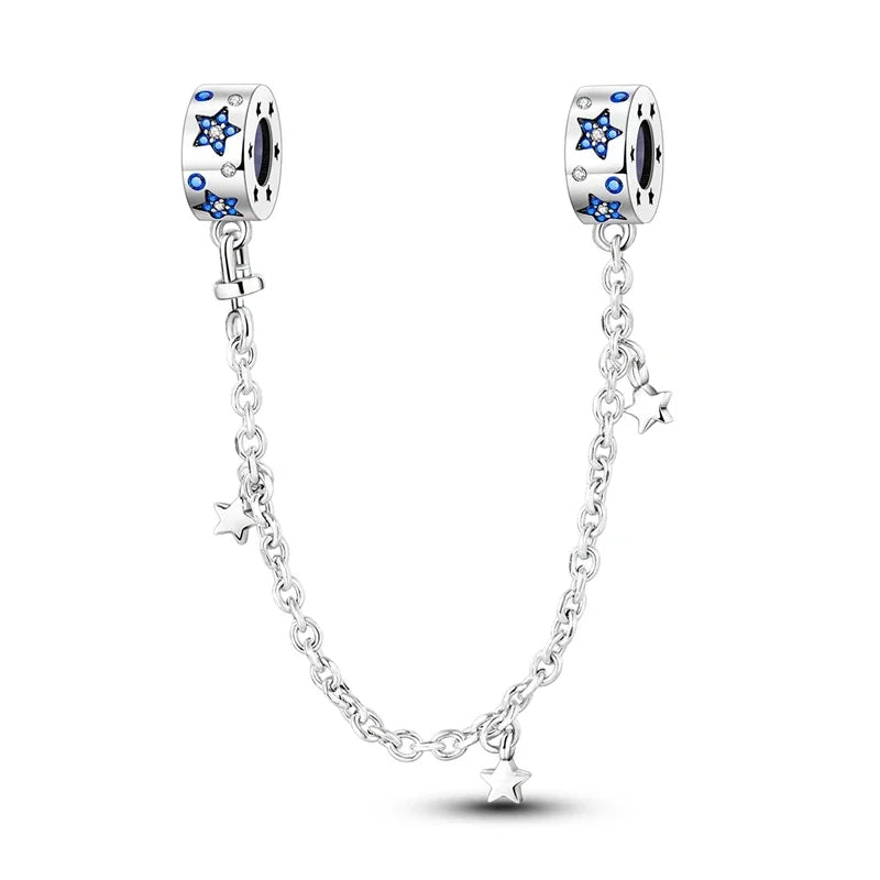 Charm de seguridad en plata 925 – Serie copo de nieve, luna, estrella, corazón y moño para pulseras tipo Pandora
