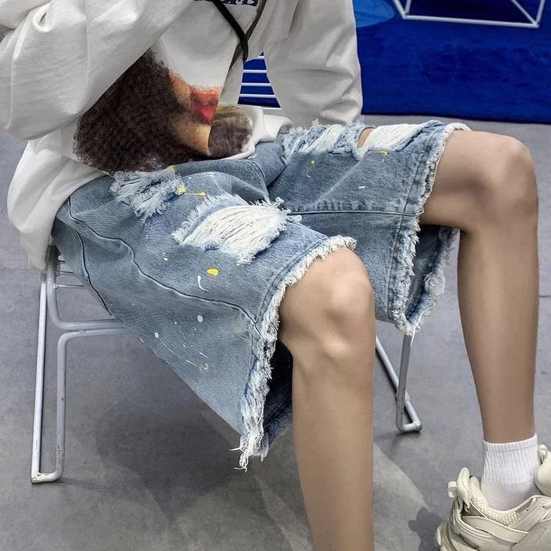 Bermudas Vaqueras Holgadas Hombre Talla Grande | Shorts Oversize Baggy con Bolsillos y Roturas Estilo Emo Casual