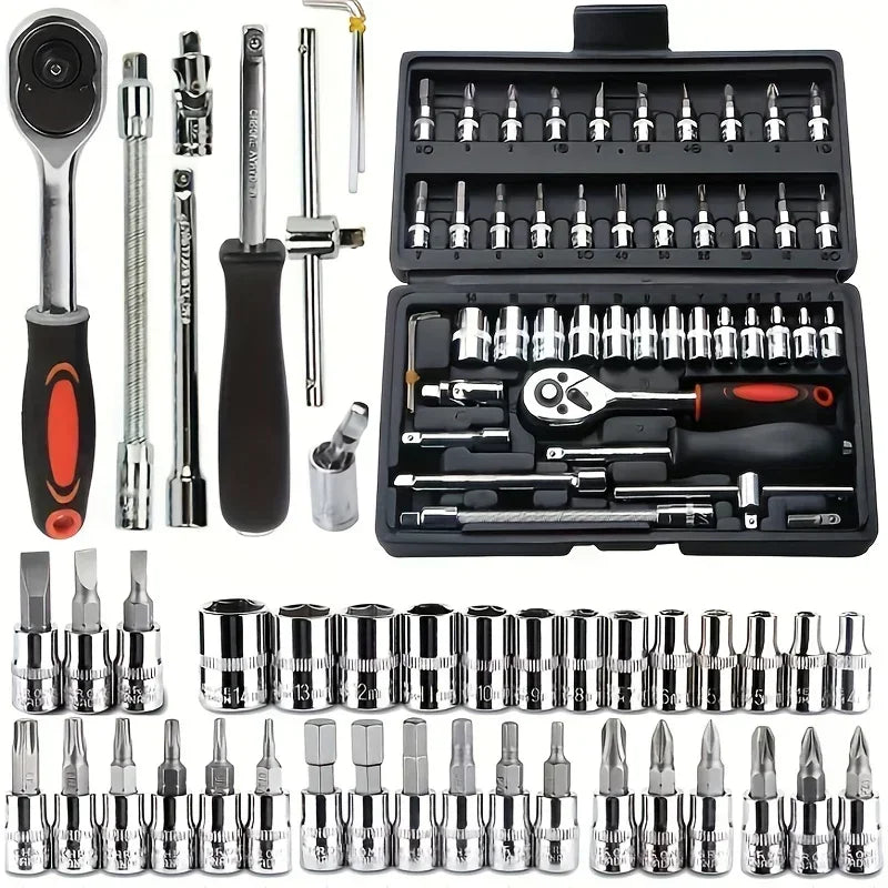 46/53pcs Juego de Dados y Llaves de Trinquete 1/4” – Kit de Herramientas Mecánicas para Reparación de Autos