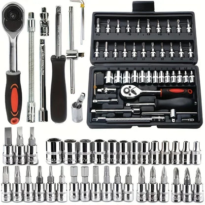 46/53pcs Juego de Dados y Llaves de Trinquete 1/4” – Kit de Herramientas Mecánicas para Reparación de Autos