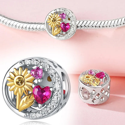 Charm Corazón con Girasoles Dorados en Plata 925 | Beads para Pulsera Original Pandora