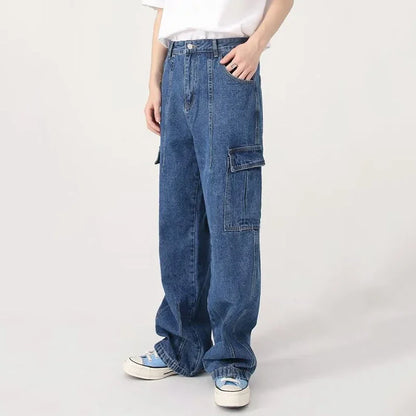 Jeans Cargo Baggy Oversize Hombre | Pantalones Vaqueros Streetwear Hip Hop Harajuku Pierna Recta Negro Azul
