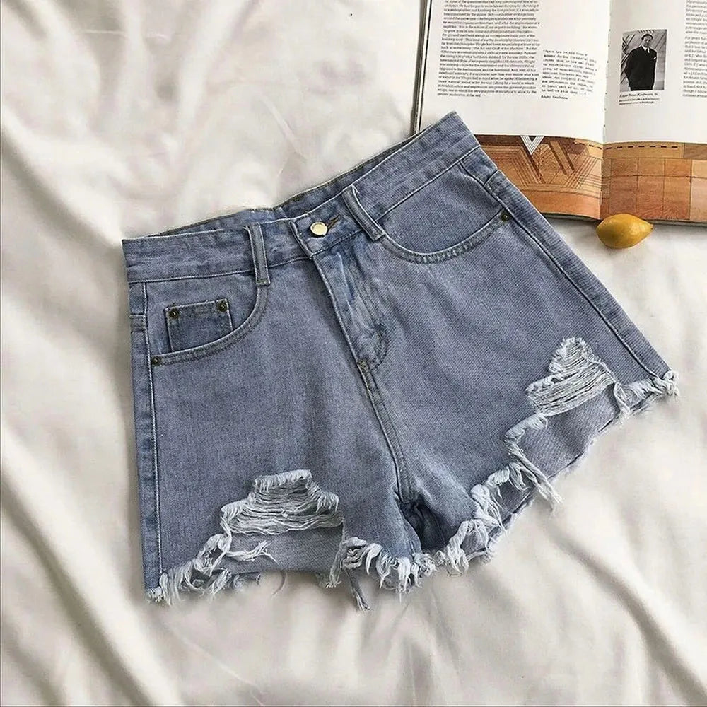 Shorts Vaqueros Mujer Cintura Alta | Denim Azul Coreano con Flecos y Detalles Y2K