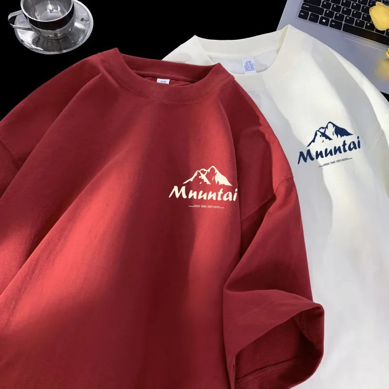 T-Shirts Pullover Oversize Tshirt Hong Kong Style Mountain Peak Letters Print T-shirts Oversized Half Sleeves Youth Tees