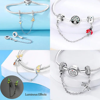 Charm Gato con Corazón de Plata 925 | Cadena de Seguridad para Pulseras Pandora Mujer