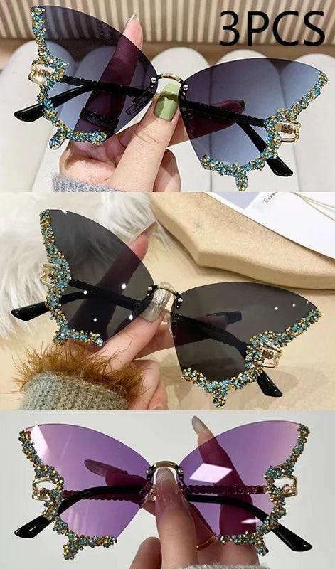 Gafas de Sol Mariposa Diamante Mujer | Vintage Y2K Oversized Rimless Eyewear de Lujo