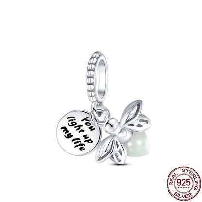 Charm camaleón y luciérnaga en plata 925 – Dije animal brillante, compatible Pandora, pulsera y collar mujer