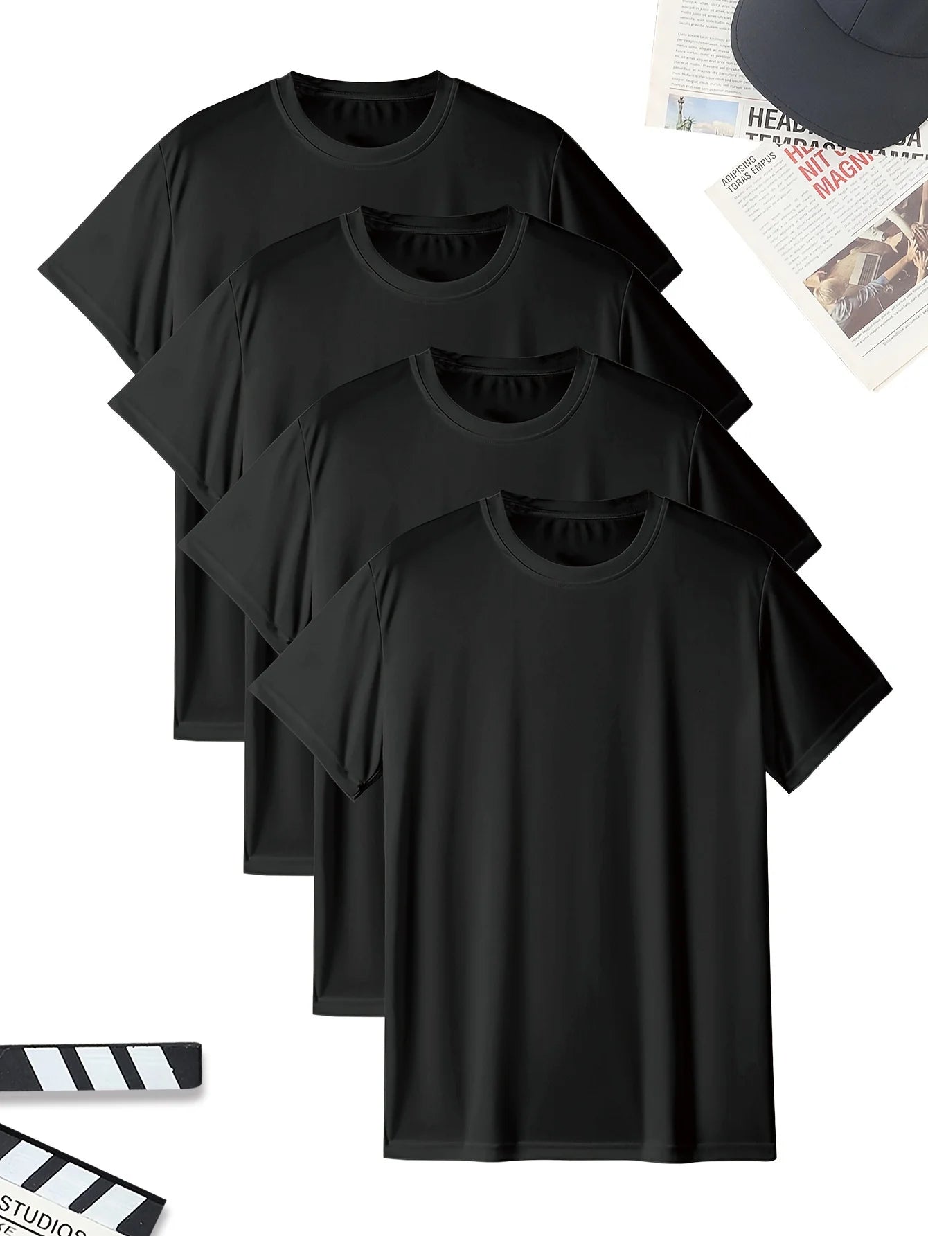 4pcs Men Tshirt summer Thin White black Solid color Quick Drying Breathable Sweat-Absorbent tee Suitable for Fitness Gym and Run