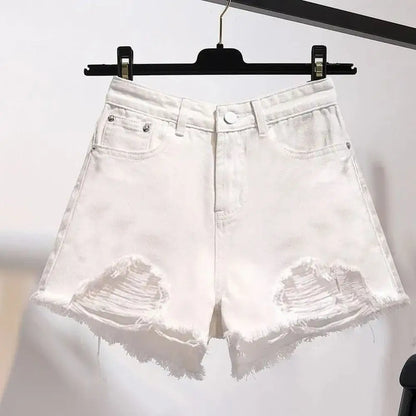 Shorts Vaqueros Mujer Blancos | Denim Cintura Alta Casual Y2K con Flecos y Roturas
