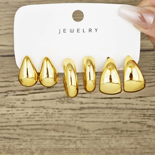 Set de 6 Aretes Aros Dorados Chunky para Mujer - Diseño Minimalista Elegante Estilo Europeo y Americano