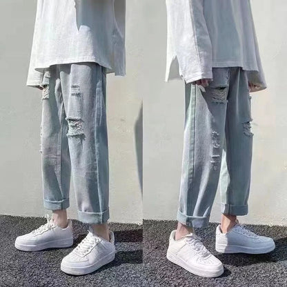 Jeans Oversize Hombre Cropped Verano | Vaqueros Rotos Tallas Grandes Moda Coreana