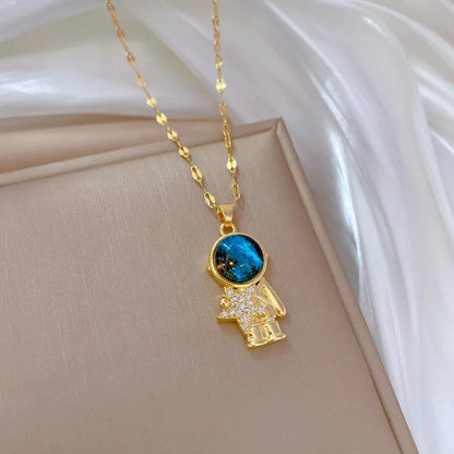 Collar de Lujo Ligero Acero Titanio Astronauta | Collar con Dije de Astronauta, Luna, Estrella y Planeta para Mujer Color Dorado