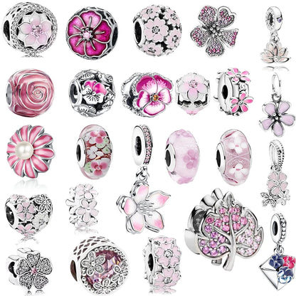 Charm Plata 925 Flores Rosadas | Cerezo y Margarita Brillante Compatible Pandora