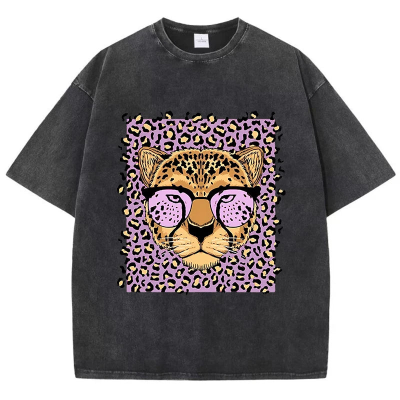 Camiseta Oversize Mujer Vintage | Algodón Lavado Ácido Estampado Leopardo Caricaturas