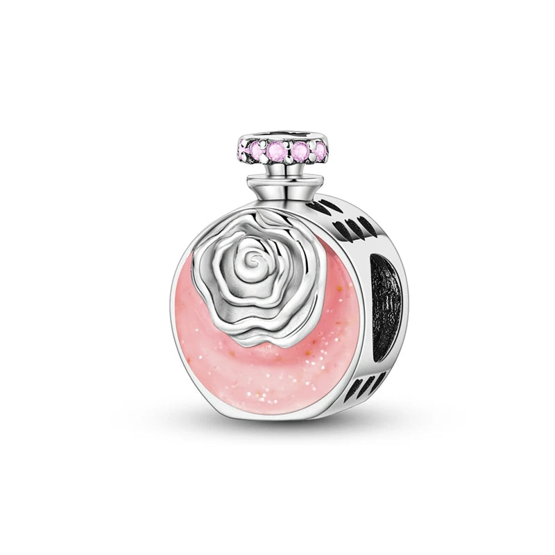 Charm Botella de Perfume en Plata 925 con Corona Rosa – Abalorio Romántico para Pulseras Tipo Qikaola, Regalo San Valentín