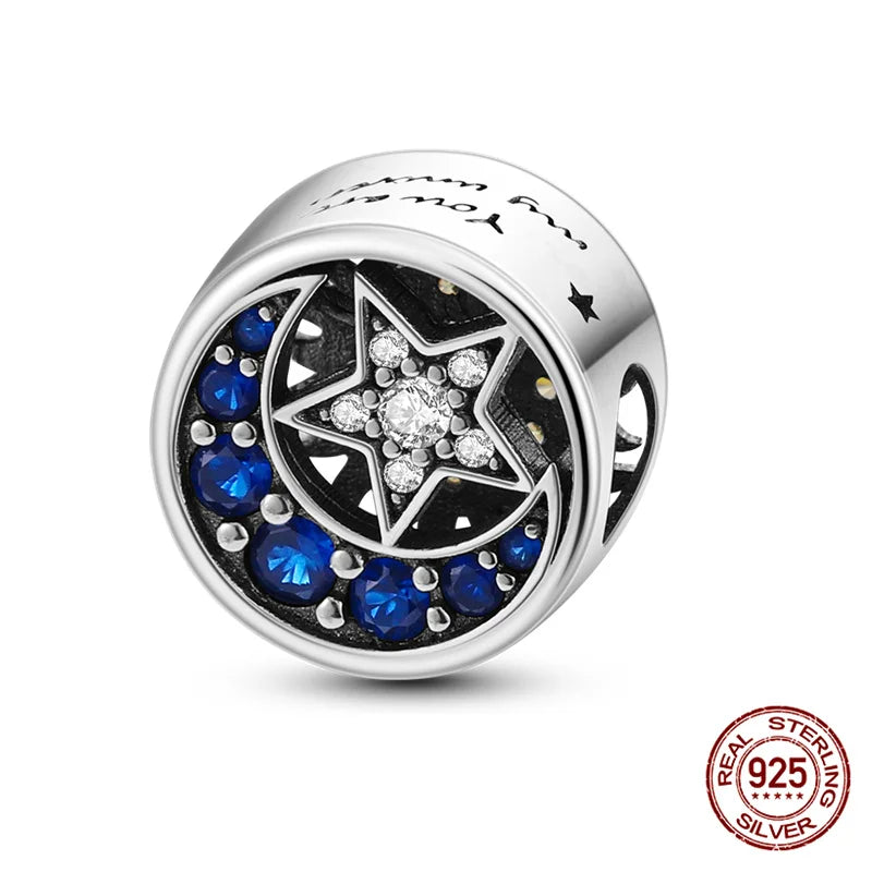 Charm luna y estrellas luminoso plata 925 – Abalorio brillante para pulsera tipo Pandora mujer