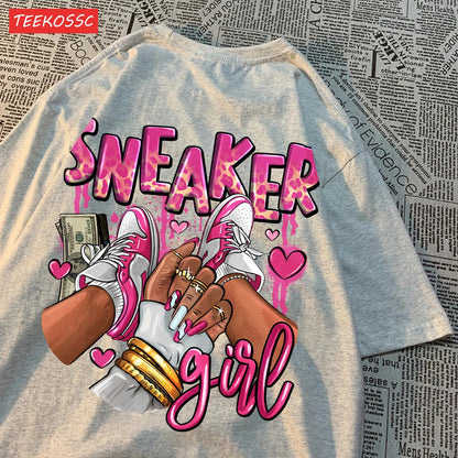 Camiseta Oversize Mujer Algodón | Estampado Zapatillas Rosas Casual Juvenil