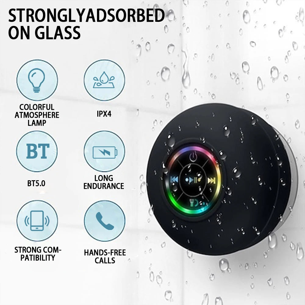 Altavoz Bluetooth portátil con ventosa – IPX4 resistente al agua, manos libres y sonido estéreo para baño y exteriores