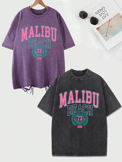 Camiseta Oversize Malibu Beach | T-Shirt Algodón Estampado Letras Estilo Lavado
