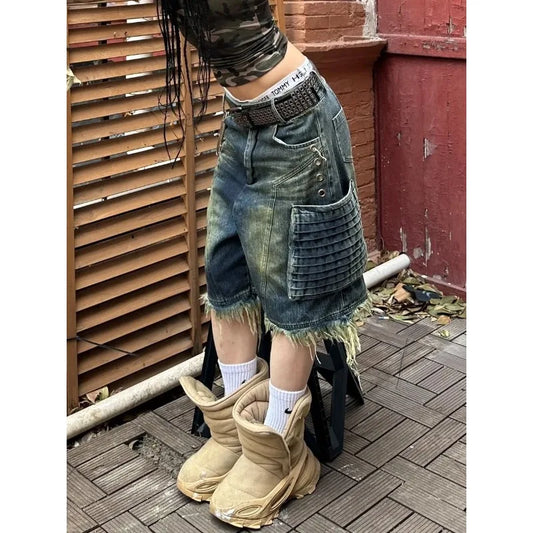 Pantalón Cropped Oversize Mujer | Jeans Rectos Retro Americanos con Bolsillos Grandes