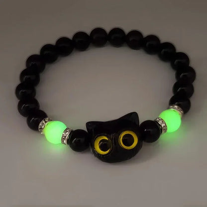 Pulsera de Pareja con Gato Luminoso – Brazalete de Cuentas Negro y Blanco para Amistad o Amor