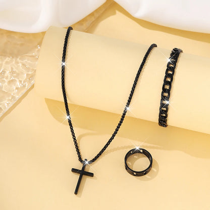 Set de Joyería para Hombre 3 Piezas – Collar con Cruz, Pulsera y Anillo en Acero Inoxidable Estilo Hip Hop
