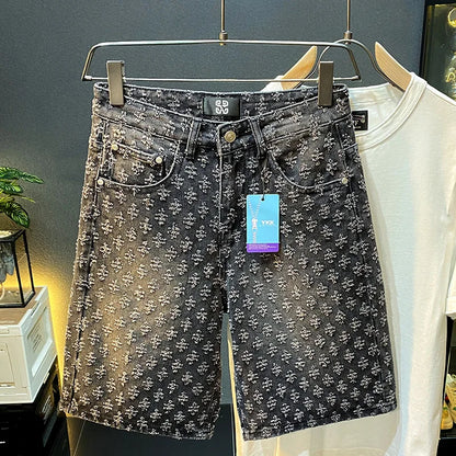 2025 new summer high-end denim shorts for men, loose straight leg oversized pants, retro embroidered five quarter pants