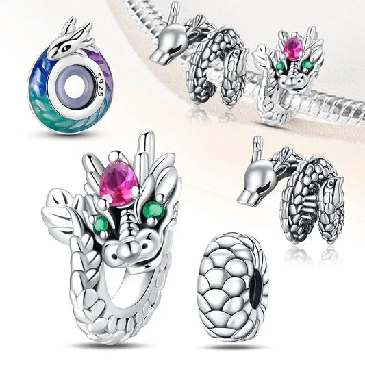 Charm dragón chino y gato en plata 925 – Abalorio clásico para pulsera tipo Pandora, joyería DIY elegante para mujer