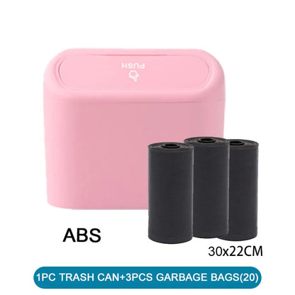 1PC Leak-Proof Small Car Trash Can with Lid Mini Garbage Can with 60/300 Disposable Bags for Vehicle Interior Organization