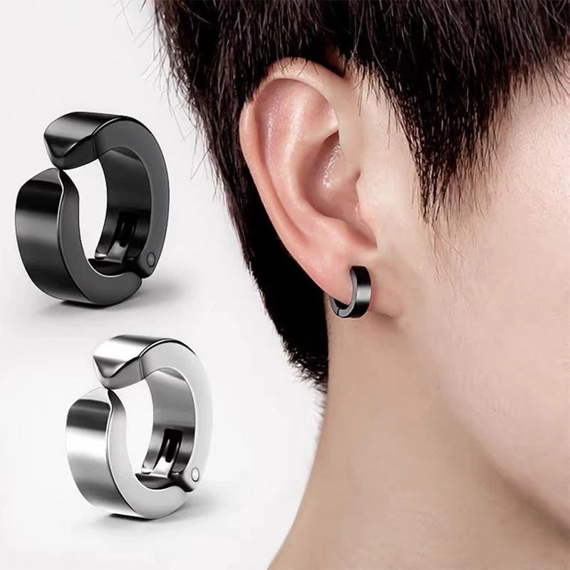 Set de 2 Ear Cuffs Coreanos Punk – Aros de Acero Inoxidable Negro para Hombre y Mujer, Sin Perforación